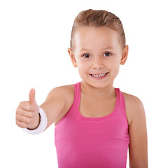 Image showing Child, girl and thumbs up in portrait, agreement or vote, like emoji and hand gesture on white background. Happy with smile, review or support with okay, thank you and youth with success in studio