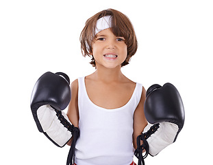 Image showing Happy, boxing and portrait of child in fight with courage and learning martial arts in white background. Boxer, gloves or kid with training in self defense, exercise or practice with fist in gear
