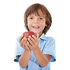Image showing Boy, child and apple portrait for health and nutrition with vegan snack for wellness on white background. Organic fruit, healthy food and eating for vitamin c, benefits and youth smile in studio