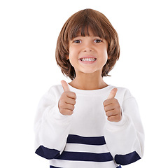 Image showing Thumbs up, happy and portrait of child on a white background for success, good news and approve. Emoji, thank you and isolated young kid with hand gesture for agreement, yes and like sign in studio