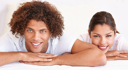 Image showing Smile, relax and portrait of bedroom couple with comfort, cozy and happy weekend break at home. Morning wellness, mattress bed and face of man, woman or marriage people lying on cotton bedsheets