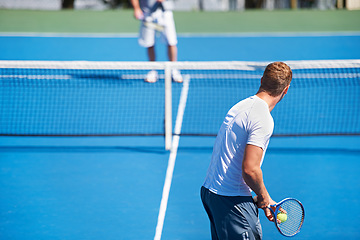 Image showing Tennis, game and men with fitness, challenge and competition with training and exercise. Players, friends and guys with rackets and court with workout and sunshine with a match and cardio with a ball