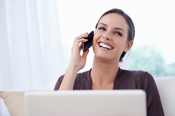 Image showing Woman, phone call and laptop for remote work in home, smile and consultation on living room sofa. Person, smartphone conversation and computer with negotiation, networking and contact on lounge couch