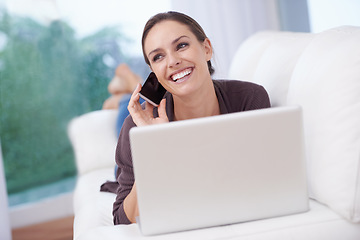 Image showing Happy woman, phone call and laptop on sofa for remote work in communication or social media. Virtual, contact and person relax in home with networking on computer online and talking on smartphone