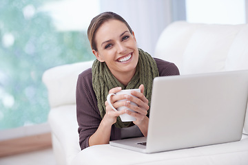 Image showing Happy woman, portrait or coffee with laptop on sofa for streaming movie, film or video at home. Face, smile or female person relax in living room with pc, tea or social media, subscription or service
