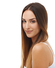 Image showing Woman, hair care and natural beauty in portrait isolated on a white studio background. Face, hairstyle and young model in cosmetics, hairdresser salon treatment or healthy skincare on mockup space