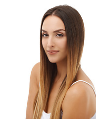 Image showing Woman, straight hair and natural beauty in portrait isolated on a white studio background. Face, hairstyle and young model in cosmetics, care at hairdresser salon treatment or skincare glow to shine