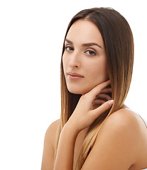 Image showing Woman, hair care and touch for beauty in portrait isolated on a white studio background. Face, natural hairstyle and serious model in cosmetics, hairdresser salon treatment or healthy skin on mockup