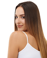 Image showing Woman, long hair and natural beauty in portrait isolated on a white studio background. Face, hairstyle and back of young model in cosmetics, care at hairdresser salon treatment or body skin glow