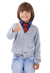 Image showing Thumbs up, happy and portrait of boy on a white background for success, good news and approve. Emoji, thank you and isolated young child with hand gesture for agreement, yes and like sign in studio