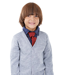 Image showing Smile, happy and portrait of child on a white background with trendy clothes, style and fashion. Childhood, facial expression and isolated young kid with pride, happiness and confidence in studio