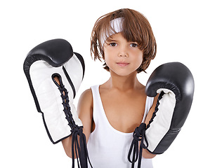 Image showing Boxing, training and portrait of child with gloves for learning martial arts in white background. Boxer, gear and kid in mma sport for self defense, exercise and practice for competition in studio