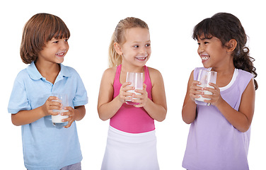 Image showing Friends, children and milk to drink for health, wellness and vitamins, calcium and hydration on white background. Dairy, happy people with milkshake or smoothie with benefits and balance in studio