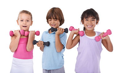 Image showing Children, dumbbells for weightlifting and portrait, fitness and health with friends on white background. Strong, muscle and happy kids together in studio for exercise, gym equipment and workout