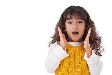 Image showing Surprise, portrait and girl kid in studio, facial expression and emoji with announcement or gossip on white background. Drama, crisis or news with wow face, mockup space and emotion with shock