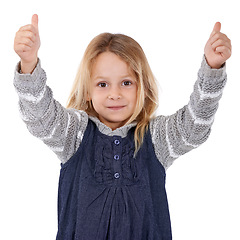 Image showing Thumbs up, happy and portrait of girl on a white background for success, good news and approve. Emoji, thank you and isolated young child with hand gesture for agreement, yes and like sign in studio