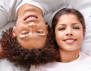 Image showing Happiness, bedroom and portrait of happy couple relax with comfort, cozy nap and weekend break in Puerto Rico home. Mattress bed, top view and face of man, woman or people smile for wellness