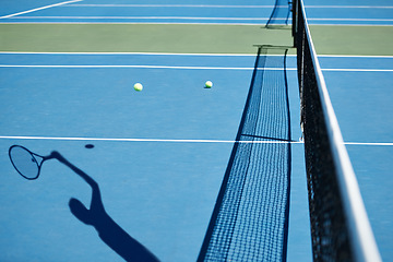 Image showing Shadow figure, tennis and player on a court, fitness and sunshine with competition and hobby. Person, outdoor and athlete with exercise and workout with training and activity with game and sports