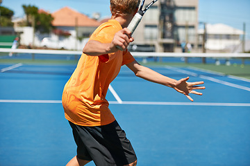 Image showing Back, tennis and person with racket, game and fitness with energy and training with competition. Player, sunshine and athlete with equipment and workout with challenge, sports and exercise on court