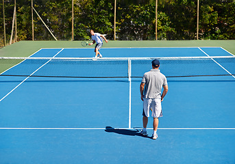 Image showing Tennis, back and men with fitness, match and competition with training and exercise. Players, friends or sports with rackets and court with workout and sunshine with challenge and cardio with a ball