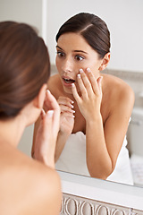 Image showing Beauty, mirror reflection or woman stress over melasma crisis, acne risk or pimple outbreak in home bathroom. Skincare problem, disaster or shocked person feel zit, skin or react to allergic reaction