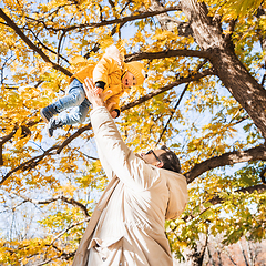 Image showing More, more,...dad, that's fun. Happy young father throws his cute little happy baby boy up in the air. Father's Day, Father and his son baby boy playing and hugging outdoors in nature in fall.