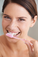 Image showing Toothbrush, happy and portrait of woman in bathroom for dental care, oral hygiene and cleaning. Healthcare, whitening and face of person brushing teeth with toothpaste for wellness and healthy mouth