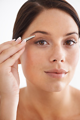 Image showing Plucking, eyebrow and portrait of woman with beauty, tweezers and self care in bathroom. Makeup, routine and girl with hair removal, tools and facial grooming or cleaning for skincare and cosmetics