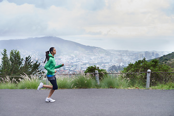 Image showing Training, road and running with woman, fitness and morning with fresh air and exercise for health, workout and cardio. Person, runner and athlete with wellness and practice with energy and challenge