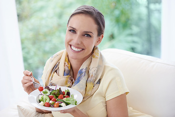 Image showing Woman, eating salad and food for diet, vegetables and lunch with happiness in portrait. Nutrition, wellness and healthy vegan meal for cholesterol with smile, detox and snack for dinner at home