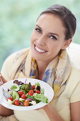 Image showing Woman, smile with salad and healthy food for diet, vegetables and lunch with happiness in portrait. Nutrition, wellness and eating vegan meal to lose weight, detox and snack for dinner at home