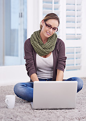 Image showing Woman, laptop on floor and remote work with research, information and writing email for blog with copywriting and tech. Productivity, coffee and happy working from home, freelancing and copywriter