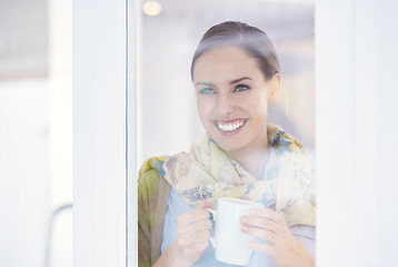 Image showing Coffee, thinking and face of happy woman in window with thoughtful, wonder and relax in home. Morning, breakfast and calm person with glass with mug drinking tea, caffeine and hot beverage in house