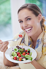 Image showing Woman, eating salad and healthy food for diet, vegetables and lunch with happiness in portrait. Nutrition, wellness and vegan meal to lose weight with smile, detox and snack for dinner at home