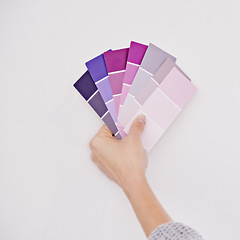 Image showing Hand, color swatches for interior design and paint choice, home renovation and person for development and plan. DIY project, painter decision and palette for creativity and decor on white background
