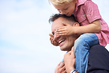 Image showing Family, love and father piggyback with son on blue sky space together for fun or bonding in summer. Face, smile or happy with man parent and excited boy child playing outdoor in park or garden