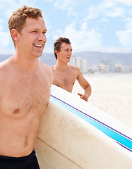 Image showing Smile, surfing and friends running on beach together for travel, sports or fitness in summer. Training, exercise and shirtless surfer men on sand for vacation or holiday on coast of Australia