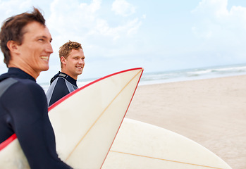 Image showing Surfboard, happy or friends waiting at beach on holiday on vacation or adventure for fitness or travel. Ready, people or surfers at sea on holiday in ocean in Hawaii for wellness or extreme sports