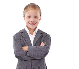 Image showing Business, child and happy pride in portrait, pretend employee and playing game on studio backdrop. Female person, face and confidence in career on white background, entrepreneur and smile for startup