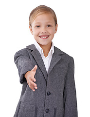 Image showing Business person, portrait and child handshake offer in studio, interview and pretend hr manager. Female person, onboarding and welcome on white background, introduction opportunity and thank you