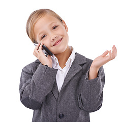 Image showing Business, phone call and child in portrait, communication and networking on white background. Female person, pretend professional and playing, consulting and connection for discussion in studio