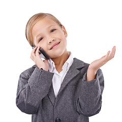 Image showing Business, phone call and child in studio networking and communication on white background. Female person, pretend professional and playing confused, consulting and connection on smartphone or doubt