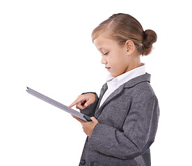 Image showing Business, child and online research on tablet in studio, internet connection and tech on white background. Female person, networking and app for planning, pretend professional and playful for info