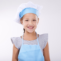 Image showing Kid, chef and portrait with apron, confident and child development on white background. Culinary skills, happy and ready to cook, food and childhood growth with confidence in hospitality industry