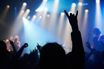 Image showing Nightclub, festival and audience with rock or silhouette for music, band and concert with spotlight, dancing or show. Disco, live event and performance with entertainment, crowd and rear view gesture