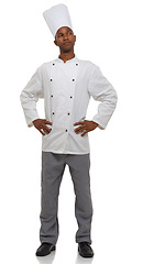 Image showing Black man, chef and thinking of idea, professional and confident guy on white studio background. African person, culinary expert and mockup space with career, food industry and employee uniform