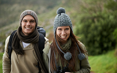 Image showing Couple, portrait and hiking in forest or nature for travel, adventure or holiday for experience or fitness. Man, woman or trekking outdoor in woods for cardio, exercise or workout with care or winter