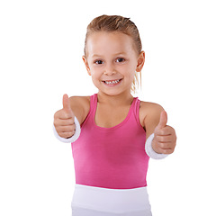 Image showing Child, sports and thumbs up in portrait, agreement vote or hand gesture for like on white background. Smile, review or happy kid with okay, thank you or good feedback for support or fitness in studio