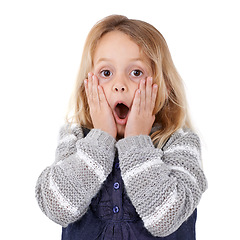 Image showing Portrait, surprise or shocked child with mistake, wow or omg facial expression on isolated white background. Kid, oops or face of a young girl amazed by gossip, news or sale in studio announcement