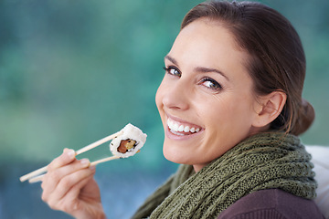 Image showing Woman, sushi with chopsticks and food in portrait, eating lunch or dinner with smile, Japanese cuisine and seafood. Catering, healthy and diet, relax with meal at home and happy with dish for hunger